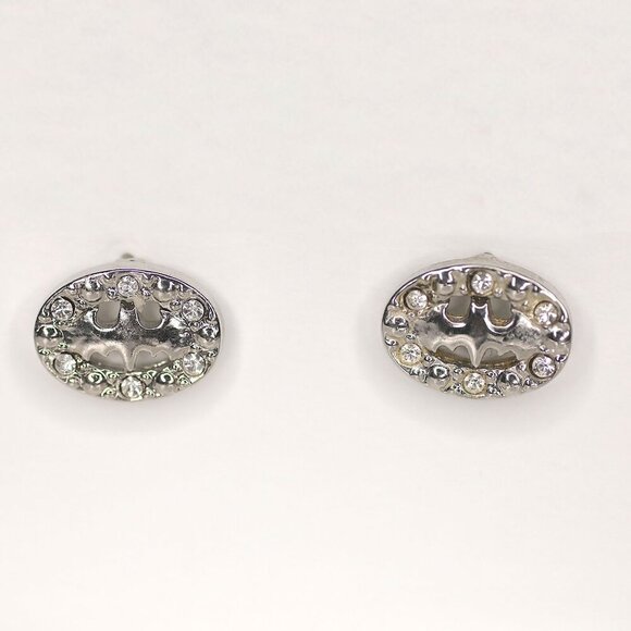 Batman Silver Tone Stud Earrings Rhinestones DC Comic Gotham - Picture 5 of 5